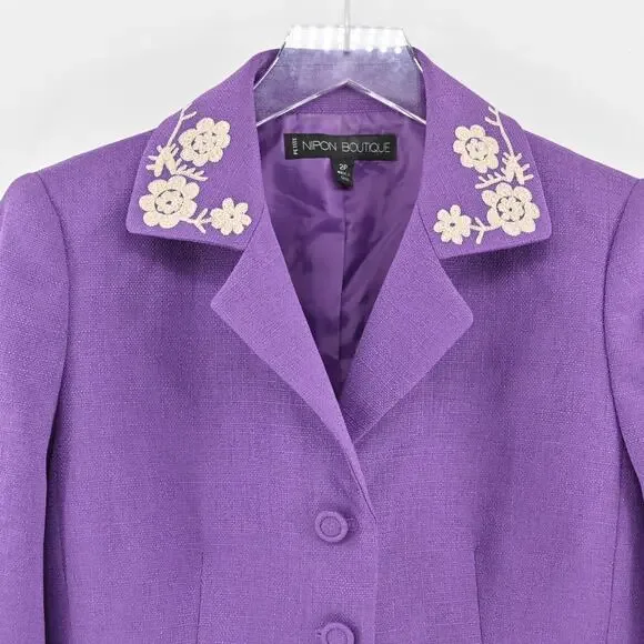 Vtg NIPON BOUTIQUE Skirt‎ Suit Set Sz 2P Purple Floral Embroidered Art Statement - Picture 3 of 16